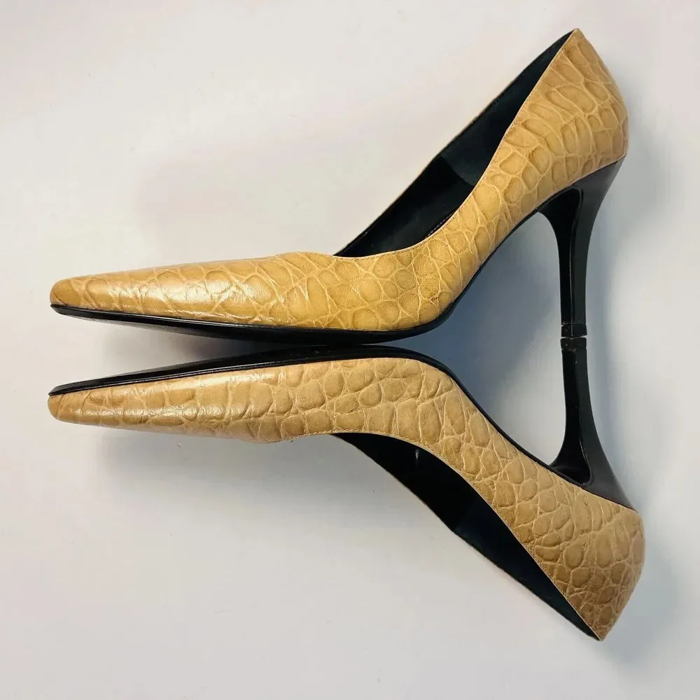 GIANNI BINI Tan Camel Yellow Crocodile Croc Alligator Leather Kitten Heels 6.5 M